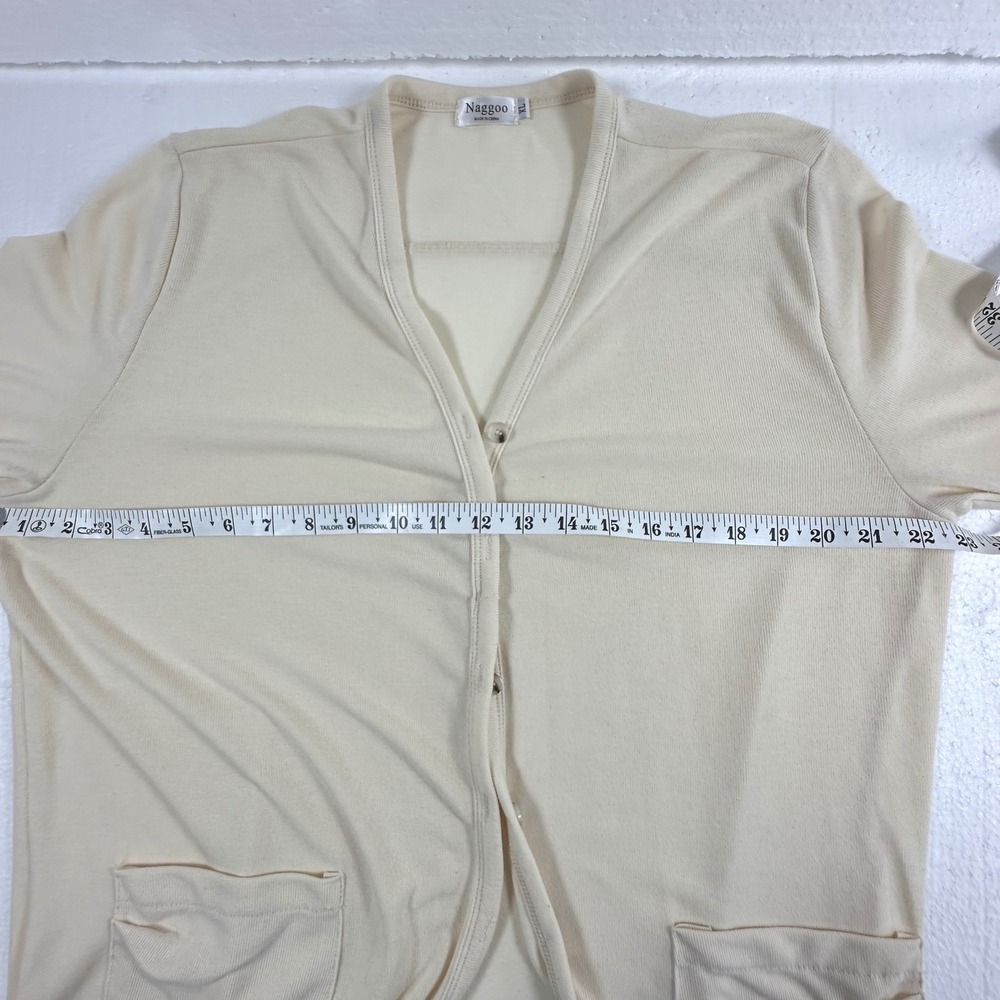 Naggoo Cream Knit Long Cardigan‎ Sweater Open Front Pockets XL Minimalist Cozy - Picture 7 of 8